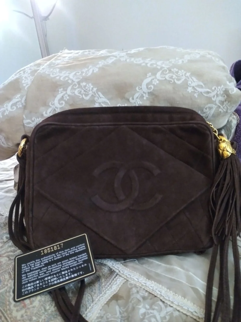 CHANEL Dark Brown Suede Quilted Crossbody with Tassel and Gold Charm - Picture 5 of 9